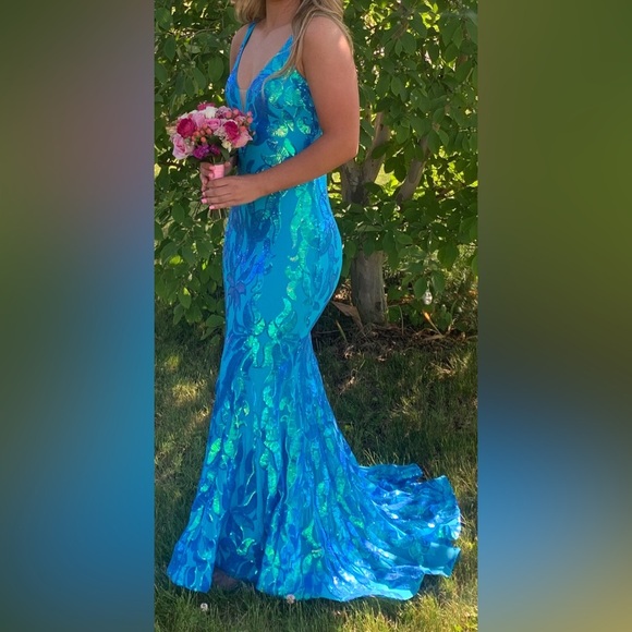 Jovani Backless Mermaid Prom Dress with Sequin Pattern In Iridescent Royal; 2 - Picture 2 of 3